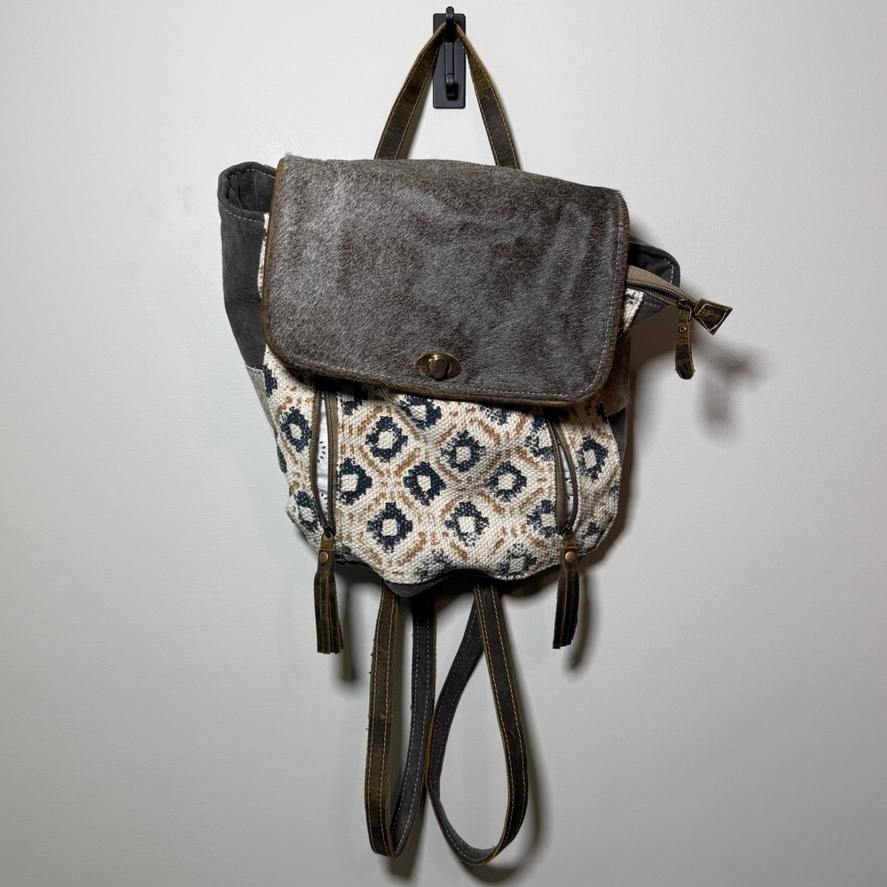 Myra Bag Backpack Med Gray Brown Boho Canvas Leather Hair-On Southwestern Boho